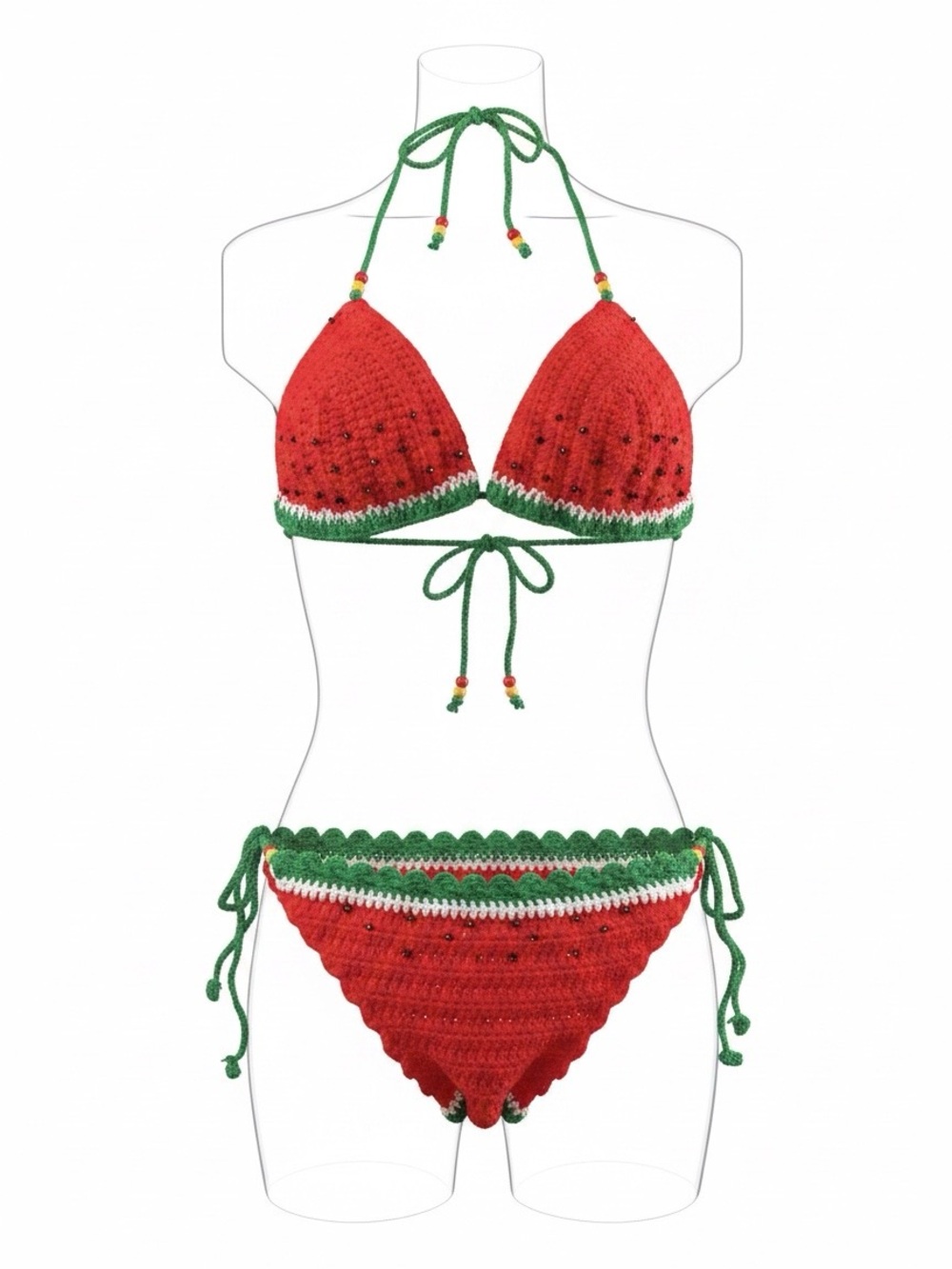 Red & Green Crochet Bikini Set Size Large. New Without Tag